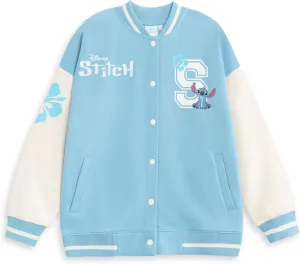 Disney Lilo and Stitch Girls Blue Bomber Jacket | Streetwear Varsity Jacket with Stitch Graphics | Long Sleeve Casual Wear