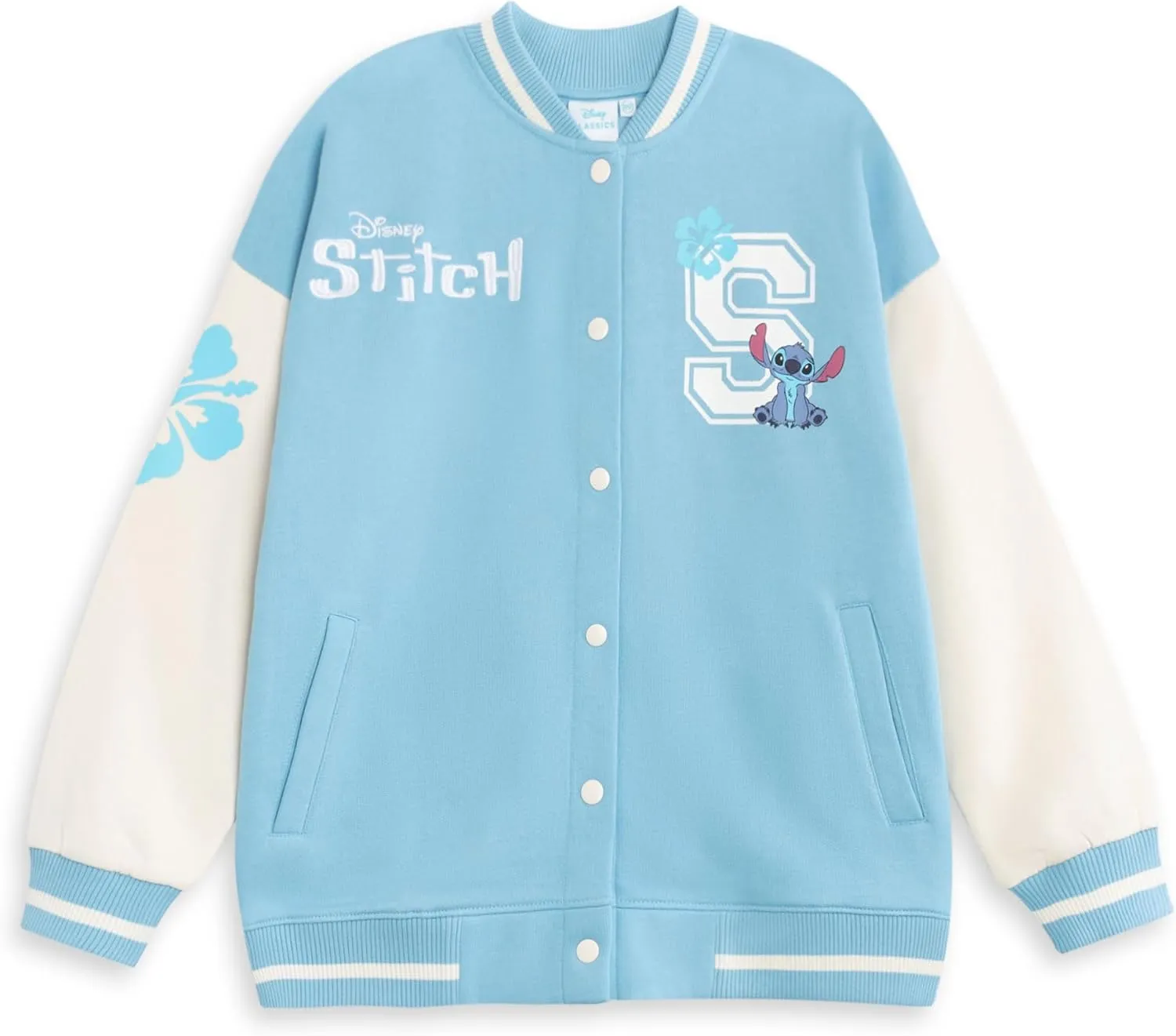 Disney Lilo and Stitch Girls Blue Bomber Jacket | Streetwear Varsity Jacket with Stitch Graphics | Long Sleeve Casual Wear