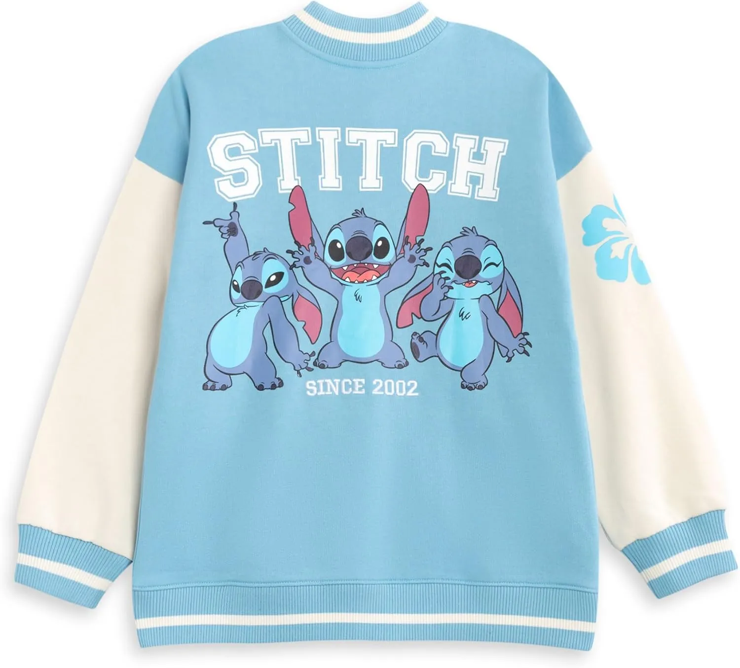 Disney Lilo and Stitch Girls Blue Bomber Jacket | Streetwear Varsity Jacket with Stitch Graphics | Long Sleeve Casual Wear