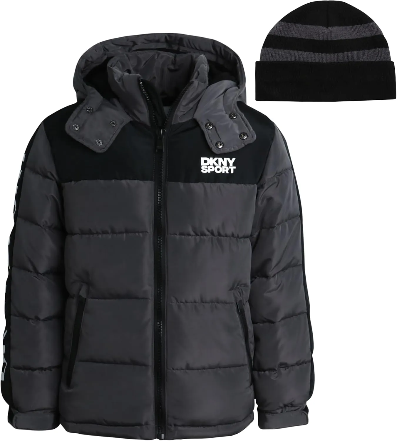 DKNY Boys Heavyweight Winter Coat - Water Resistant Insulated Fleece Lined Quilted Puffer Ski Jacket with Hat (8-20)