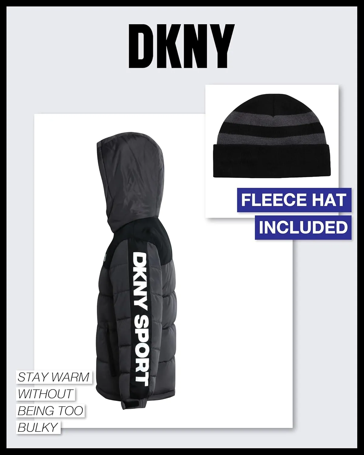 DKNY Boys Heavyweight Winter Coat - Water Resistant Insulated Fleece Lined Quilted Puffer Ski Jacket with Hat (8-20)