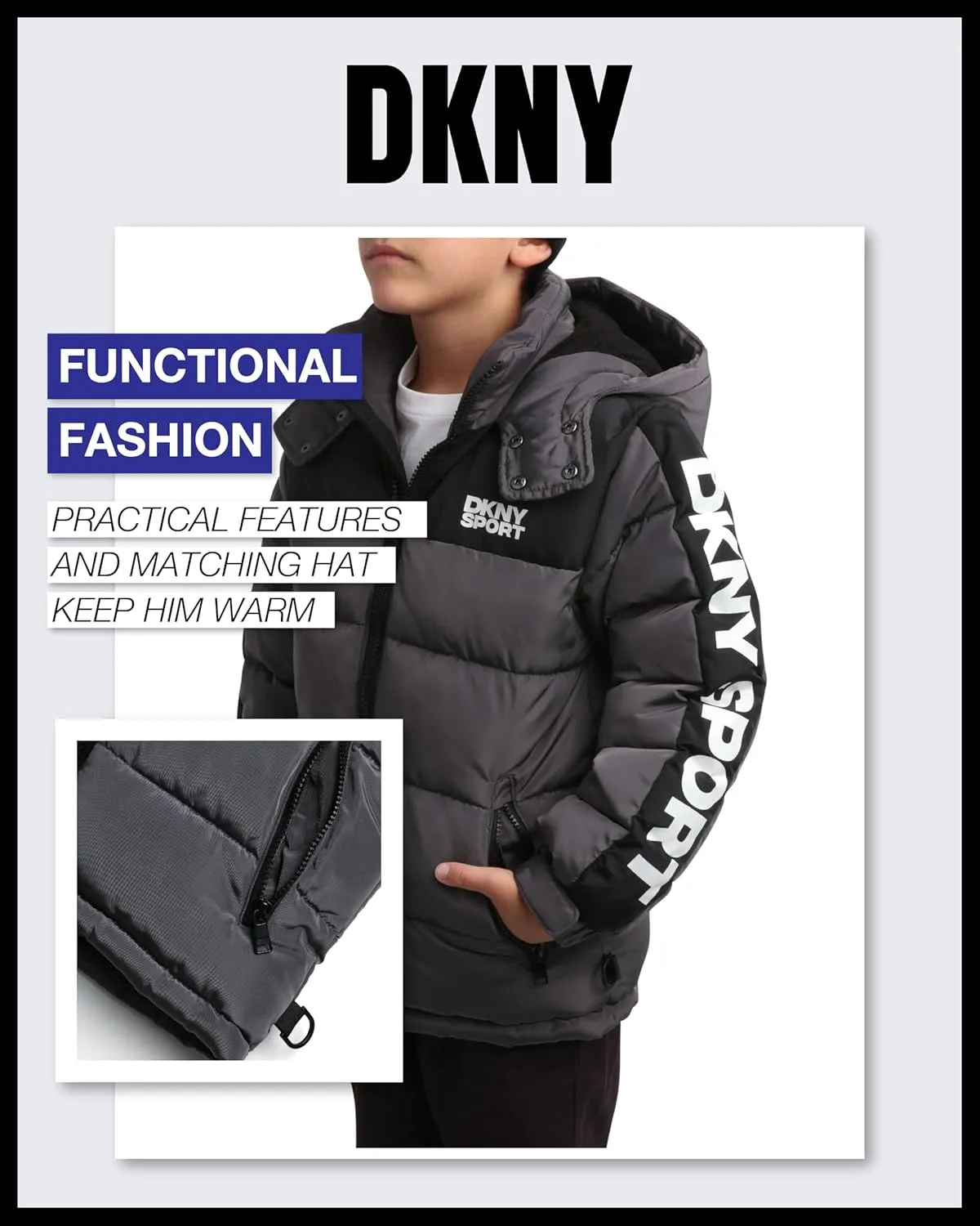 DKNY Boys Heavyweight Winter Coat - Water Resistant Insulated Fleece Lined Quilted Puffer Ski Jacket with Hat (8-20)