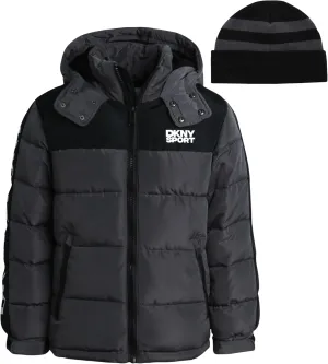DKNY Boys Heavyweight Winter Coat - Water Resistant Insulated Fleece Lined Quilted Puffer Ski Jacket with Hat (8-20)
