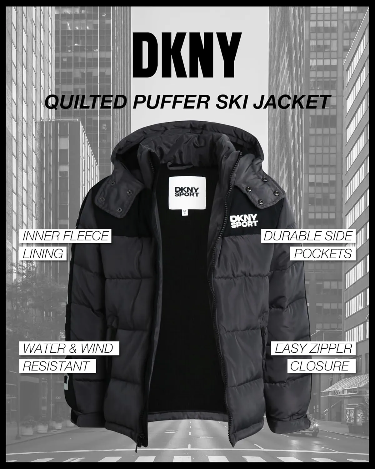 DKNY Boys Heavyweight Winter Coat - Water Resistant Insulated Fleece Lined Quilted Puffer Ski Jacket with Hat (8-20)