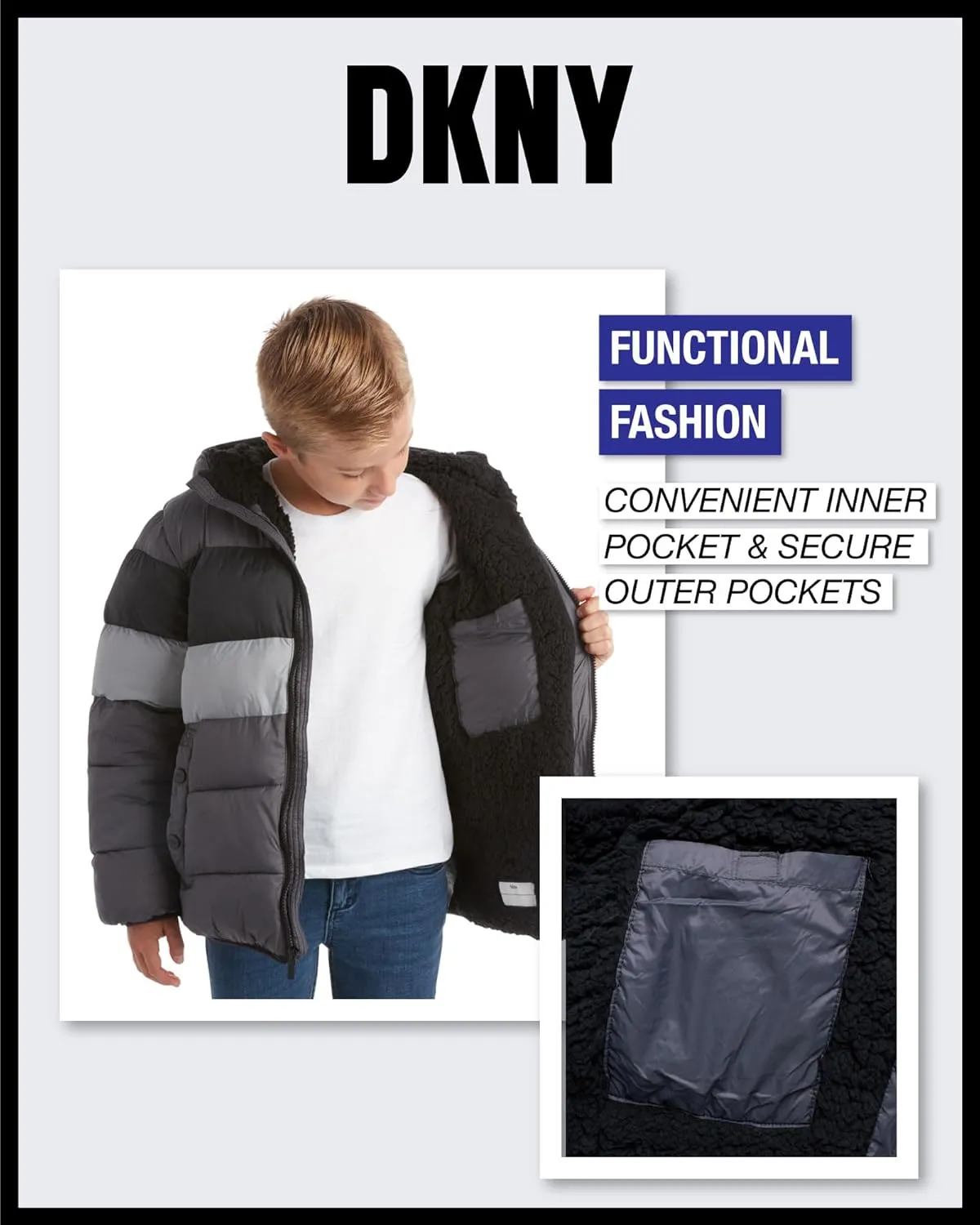 DKNY Boys' Winter Jacket - Heavyweight Sherpa Lined Bubble Puffer Coat with Convenient Pockets - Jacket for Boys (Size: 4-20)