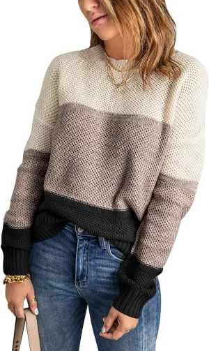 Dokotoo Womens Color Block Sweaters Long Sleeve Crewneck Pullover Knit Jumper Tops