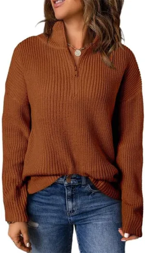 Dokotoo Womens Sweaters Long Sleeve 1/4 Zip Pullover Polo V Neck Dressy Casual Tops