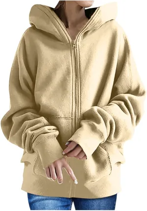 DOLKFU Womens Oversized Hoodie Dress Zip Up Long Sweatshirt Solid Basic Pullover Tops Y2K Trendy Winter Clothes With Pockets