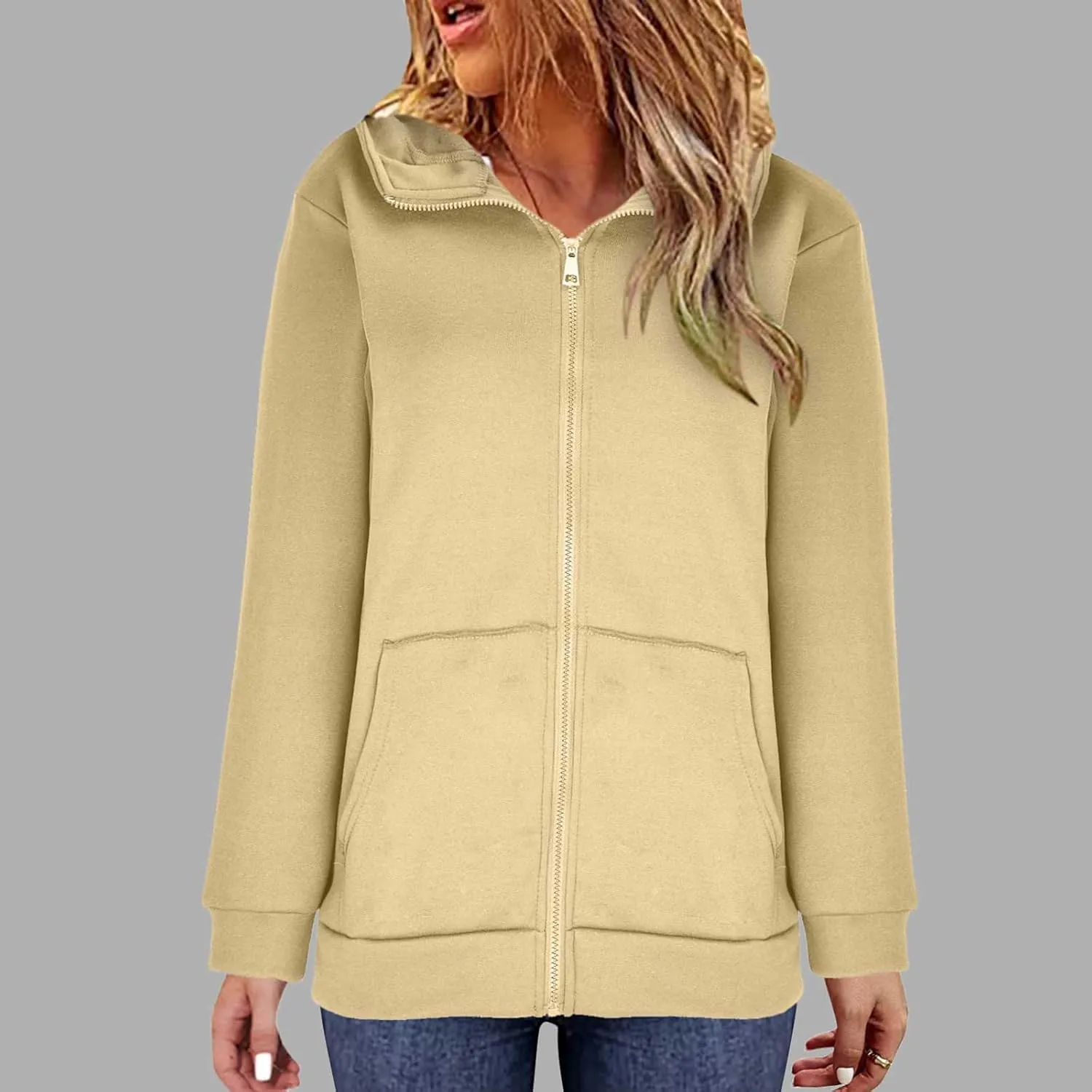 DOLKFU Womens Oversized Hoodie Dress Zip Up Long Sweatshirt Solid Basic Pullover Tops Y2K Trendy Winter Clothes With Pockets