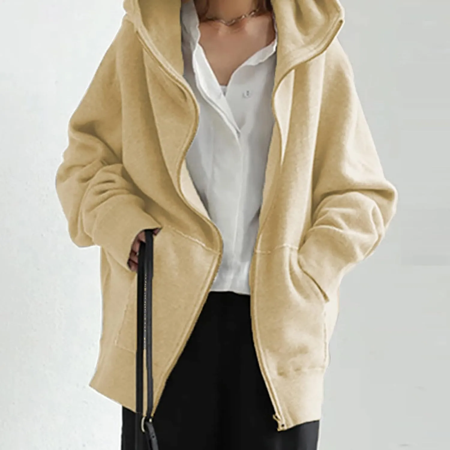 DOLKFU Womens Oversized Hoodie Dress Zip Up Long Sweatshirt Solid Basic Pullover Tops Y2K Trendy Winter Clothes With Pockets
