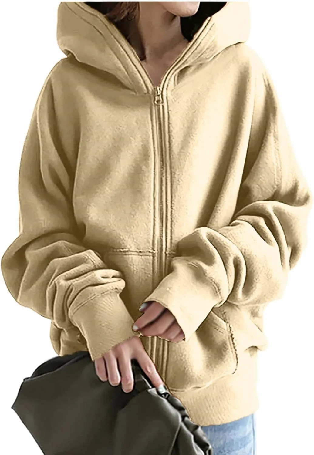 DOLKFU Womens Oversized Hoodie Dress Zip Up Long Sweatshirt Solid Basic Pullover Tops Y2K Trendy Winter Clothes With Pockets