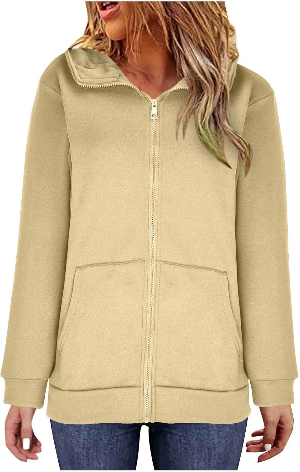 DOLKFU Womens Oversized Hoodie Dress Zip Up Long Sweatshirt Solid Basic Pullover Tops Y2K Trendy Winter Clothes With Pockets