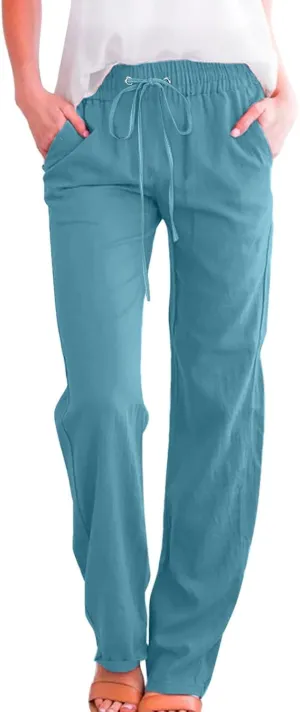 Drawstring Lightweight Cotton Linen Pants Women Summer Casual Solid High Waisted Straight Leg Lounge Trousers Slacks