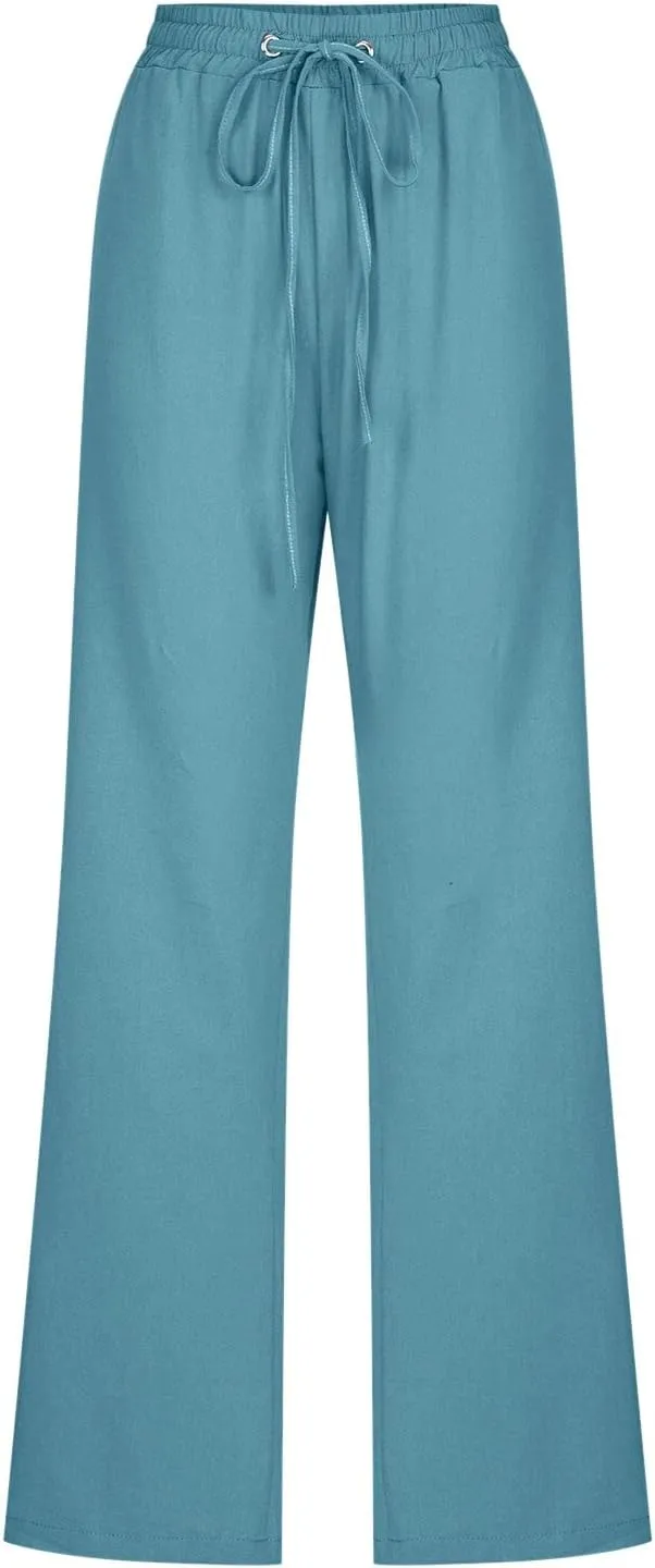 Drawstring Lightweight Cotton Linen Pants Women Summer Casual Solid High Waisted Straight Leg Lounge Trousers Slacks