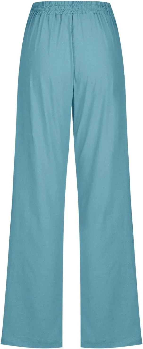 Drawstring Lightweight Cotton Linen Pants Women Summer Casual Solid High Waisted Straight Leg Lounge Trousers Slacks