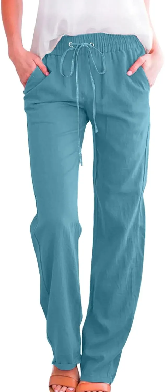 Drawstring Lightweight Cotton Linen Pants Women Summer Casual Solid High Waisted Straight Leg Lounge Trousers Slacks
