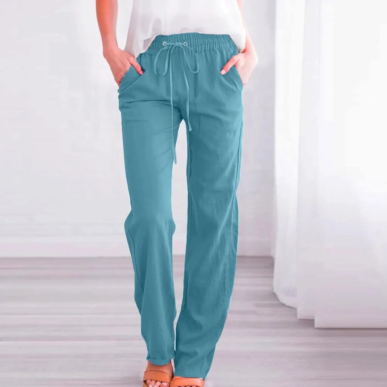Drawstring Lightweight Cotton Linen Pants Women Summer Casual Solid High Waisted Straight Leg Lounge Trousers Slacks