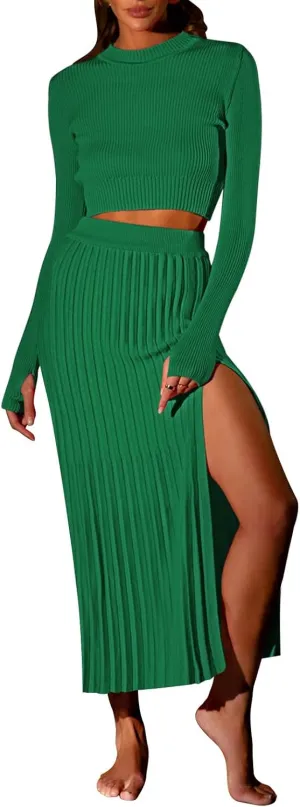 Duigluw Women 2 Piece Outfits Winter Long Sleeve Crop Top Bodycon Pleated Skirt Knit Sweater Dress Set