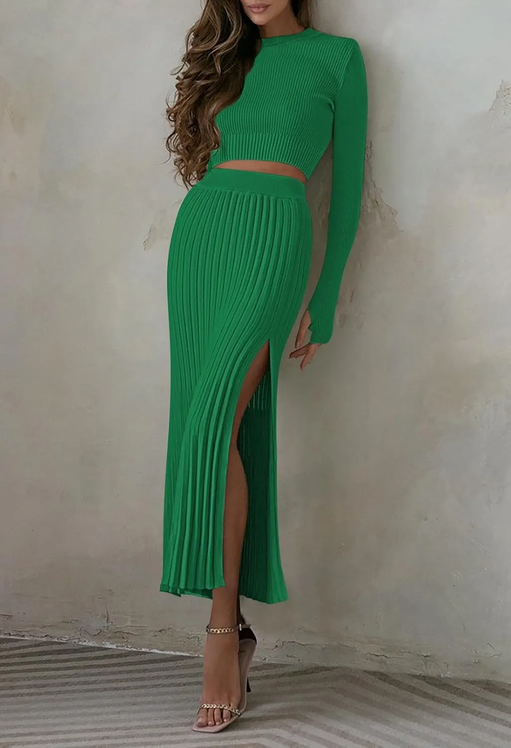 Duigluw Women 2 Piece Outfits Winter Long Sleeve Crop Top Bodycon Pleated Skirt Knit Sweater Dress Set