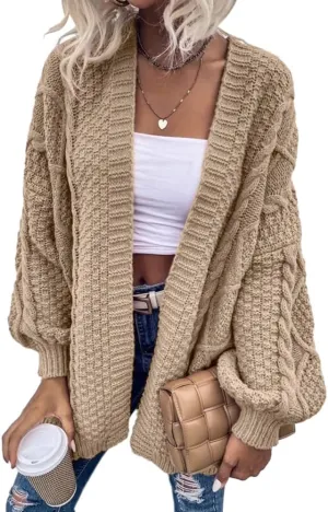 Dyexces Womens Oversized Cardigan Sweaters Open Front Cable Knit Lantern Long Sleeve Chunky Outwear Coats