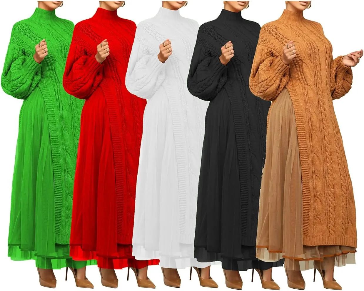 Ecirod Women High Neck Puff Sleeve Cable Knit Sweater Maxi Dress Double Slit Long Dresses with Mesh Skirt
