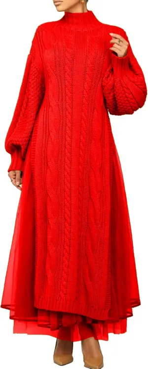 Ecirod Women High Neck Puff Sleeve Cable Knit Sweater Maxi Dress Double Slit Long Dresses with Mesh Skirt