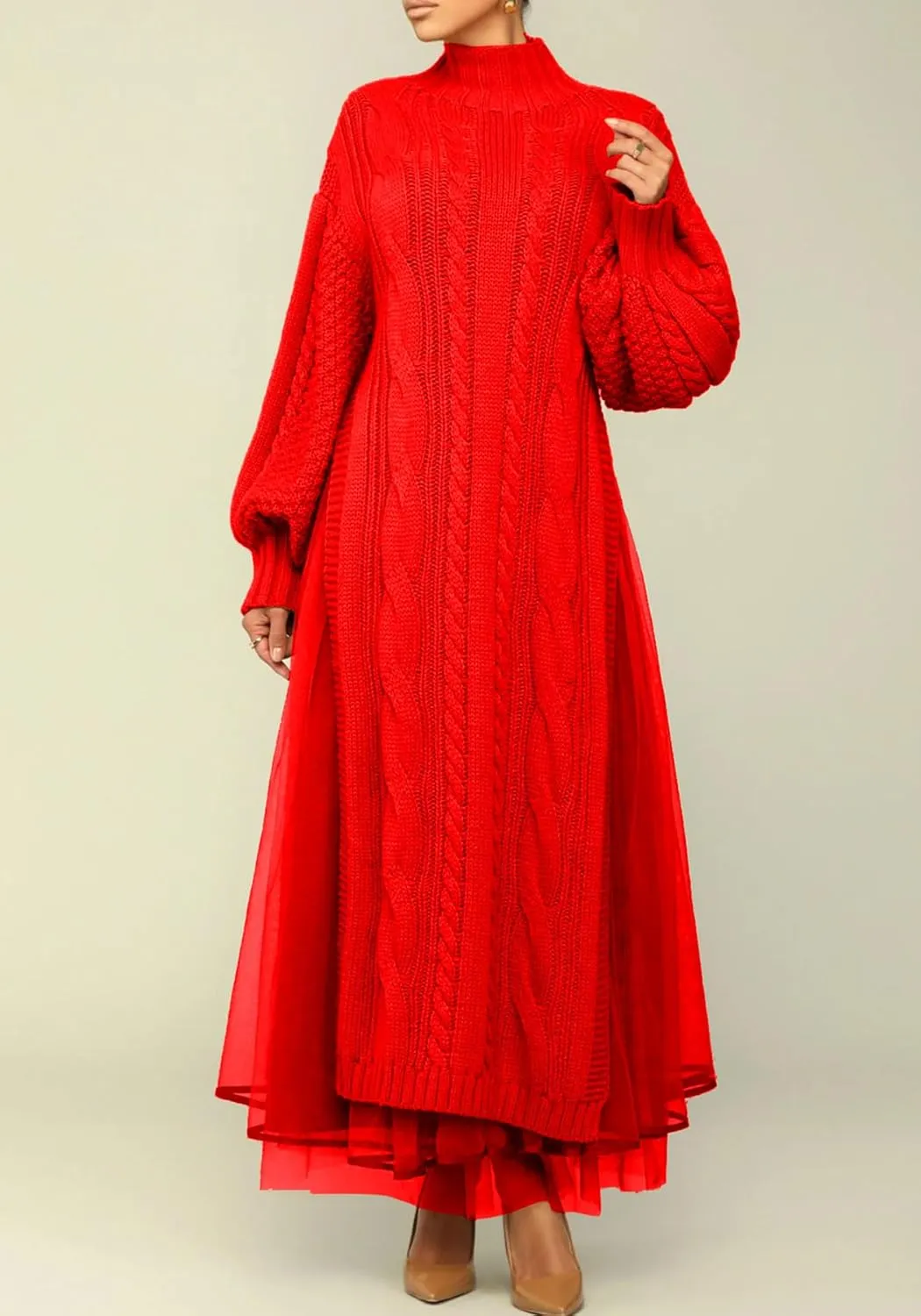 Ecirod Women High Neck Puff Sleeve Cable Knit Sweater Maxi Dress Double Slit Long Dresses with Mesh Skirt