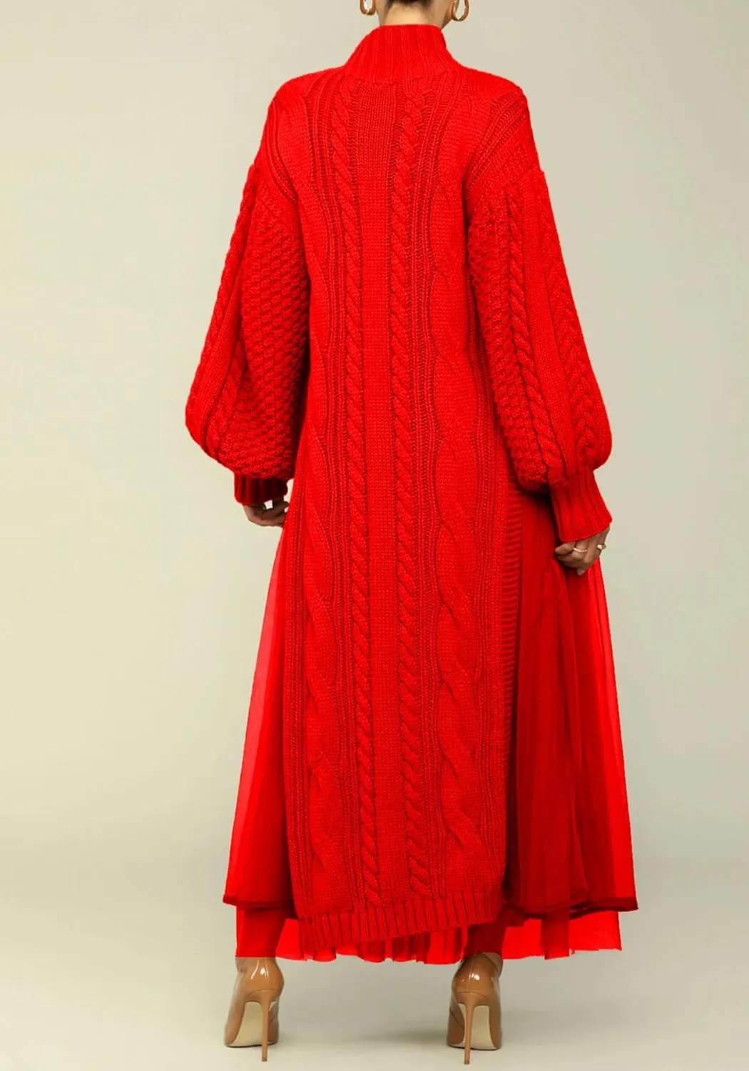 Ecirod Women High Neck Puff Sleeve Cable Knit Sweater Maxi Dress Double Slit Long Dresses with Mesh Skirt