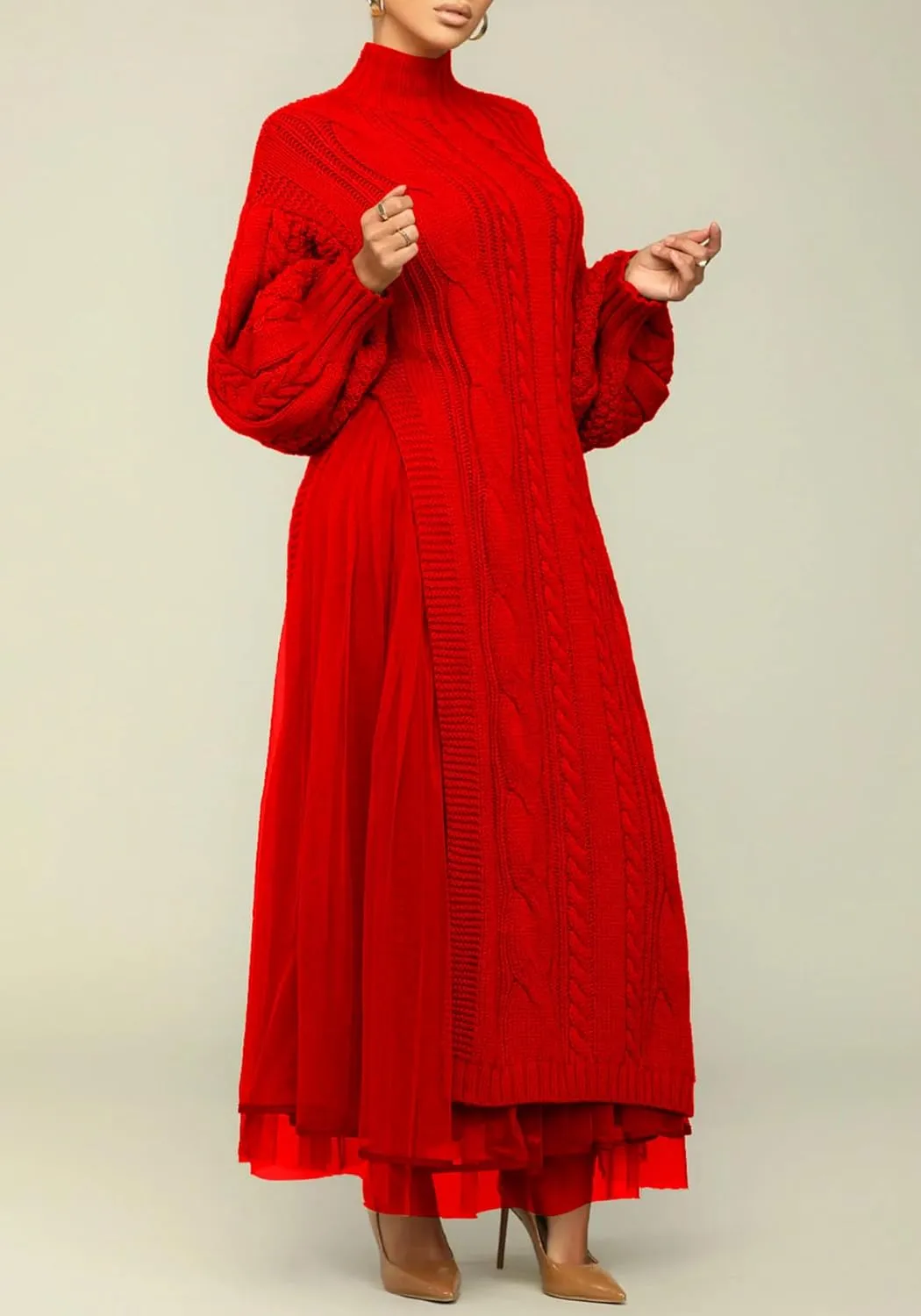 Ecirod Women High Neck Puff Sleeve Cable Knit Sweater Maxi Dress Double Slit Long Dresses with Mesh Skirt