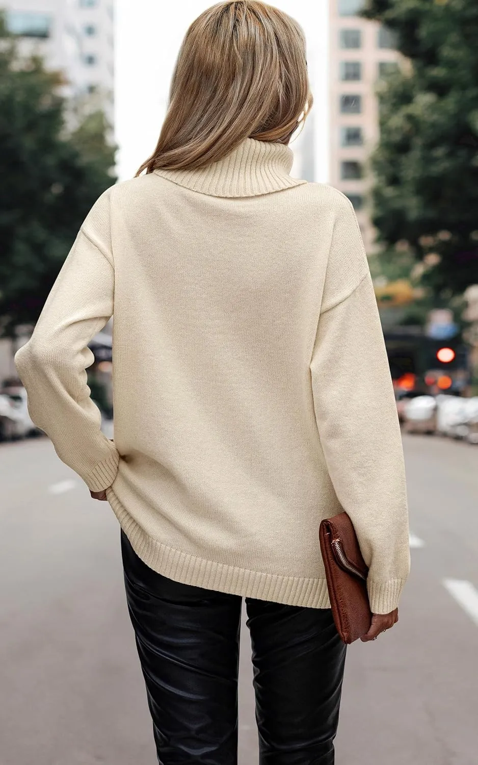 ECOWISH Women Fall Pullover Sweater Turtleneck Plaid Long Sleeve Loose Casual Chunky Checked Knit Winter Sweaters Jumper Tops