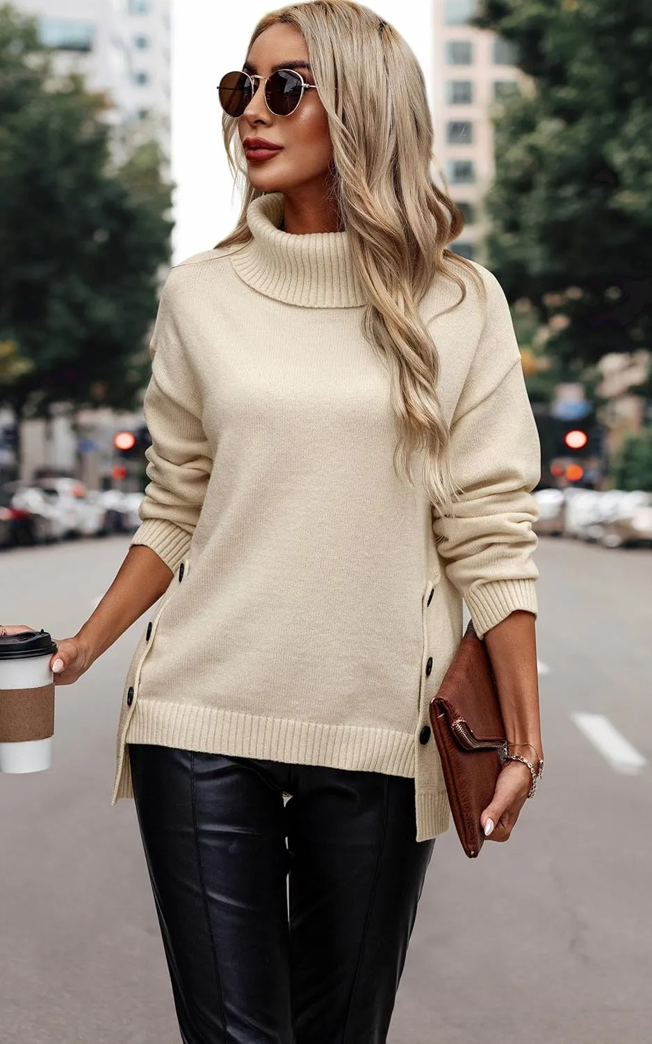 ECOWISH Women Fall Pullover Sweater Turtleneck Plaid Long Sleeve Loose Casual Chunky Checked Knit Winter Sweaters Jumper Tops