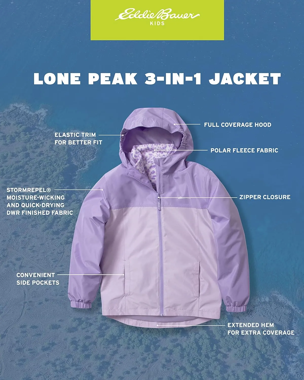 Eddie Bauer Girls' Rain Jacket - Lone Peak Waterproof 3 in 1 Insulated Windbreaker Coat with Removable Fleece Lining (5-20)