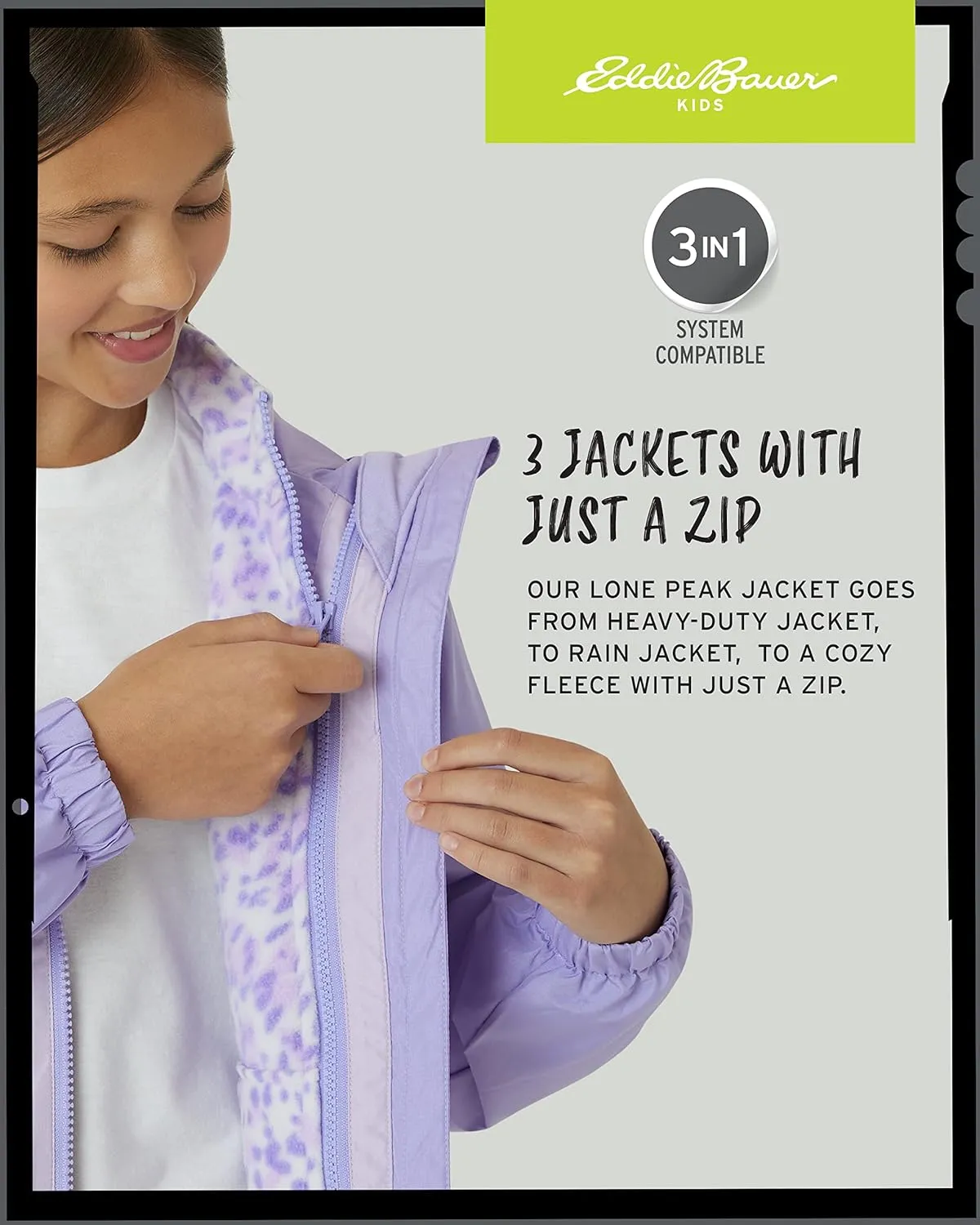 Eddie Bauer Girls' Rain Jacket - Lone Peak Waterproof 3 in 1 Insulated Windbreaker Coat with Removable Fleece Lining (5-20)
