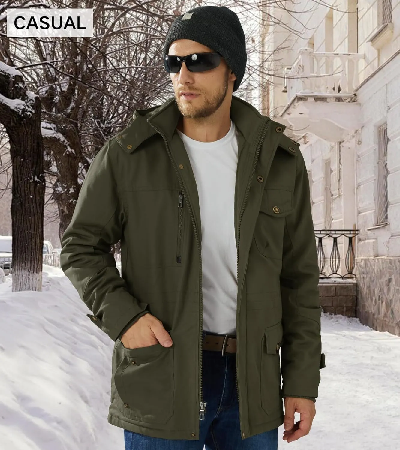 EKLENTSON Men's Winter Coat Fleece Lined Military Jacekt Thick Cotton Parka Jacket Warm Cargo Jacket Work Coat with Hood