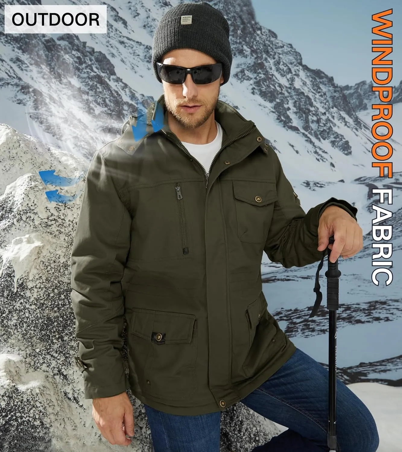 EKLENTSON Men's Winter Coat Fleece Lined Military Jacekt Thick Cotton Parka Jacket Warm Cargo Jacket Work Coat with Hood
