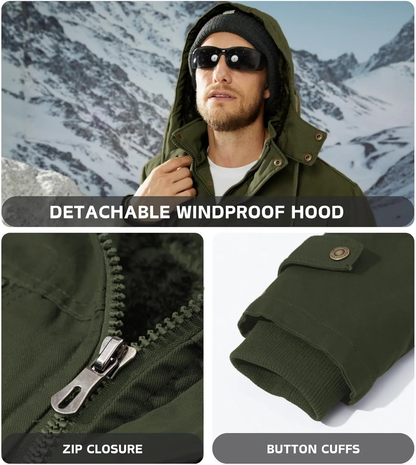 EKLENTSON Men's Winter Coat Fleece Lined Military Jacekt Thick Cotton Parka Jacket Warm Cargo Jacket Work Coat with Hood