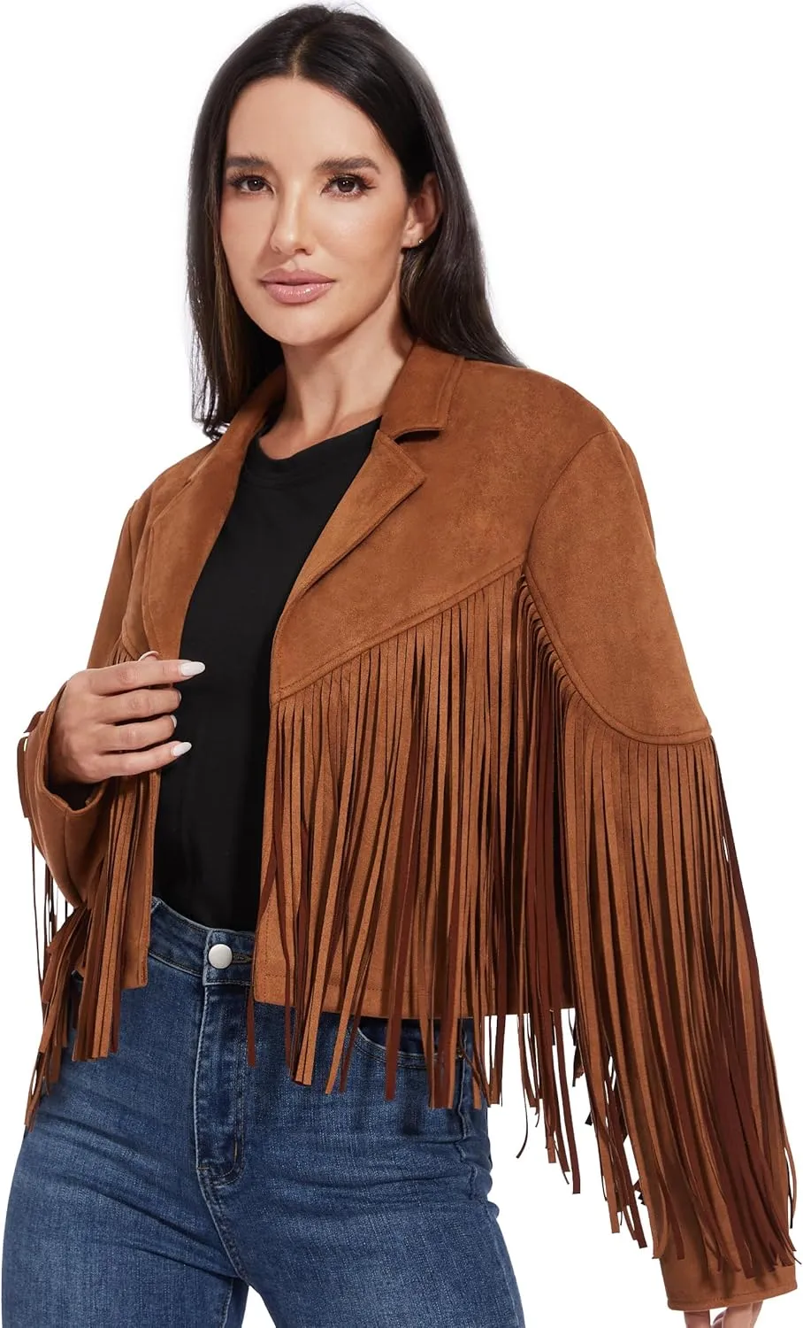Fahsyee Women's Fringe Leather Jackets - Suede Faux Motocycle Biker Cropped Coat Vegan Blazer Pleather Fashion Tassel S-XXL