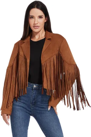 Fahsyee Women's Fringe Leather Jackets - Suede Faux Motocycle Biker Cropped Coat Vegan Blazer Pleather Fashion Tassel S-XXL