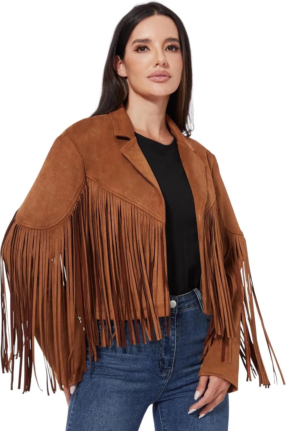 Fahsyee Women's Fringe Leather Jackets - Suede Faux Motocycle Biker Cropped Coat Vegan Blazer Pleather Fashion Tassel S-XXL