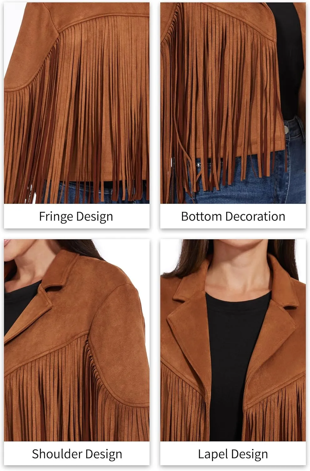 Fahsyee Women's Fringe Leather Jackets - Suede Faux Motocycle Biker Cropped Coat Vegan Blazer Pleather Fashion Tassel S-XXL