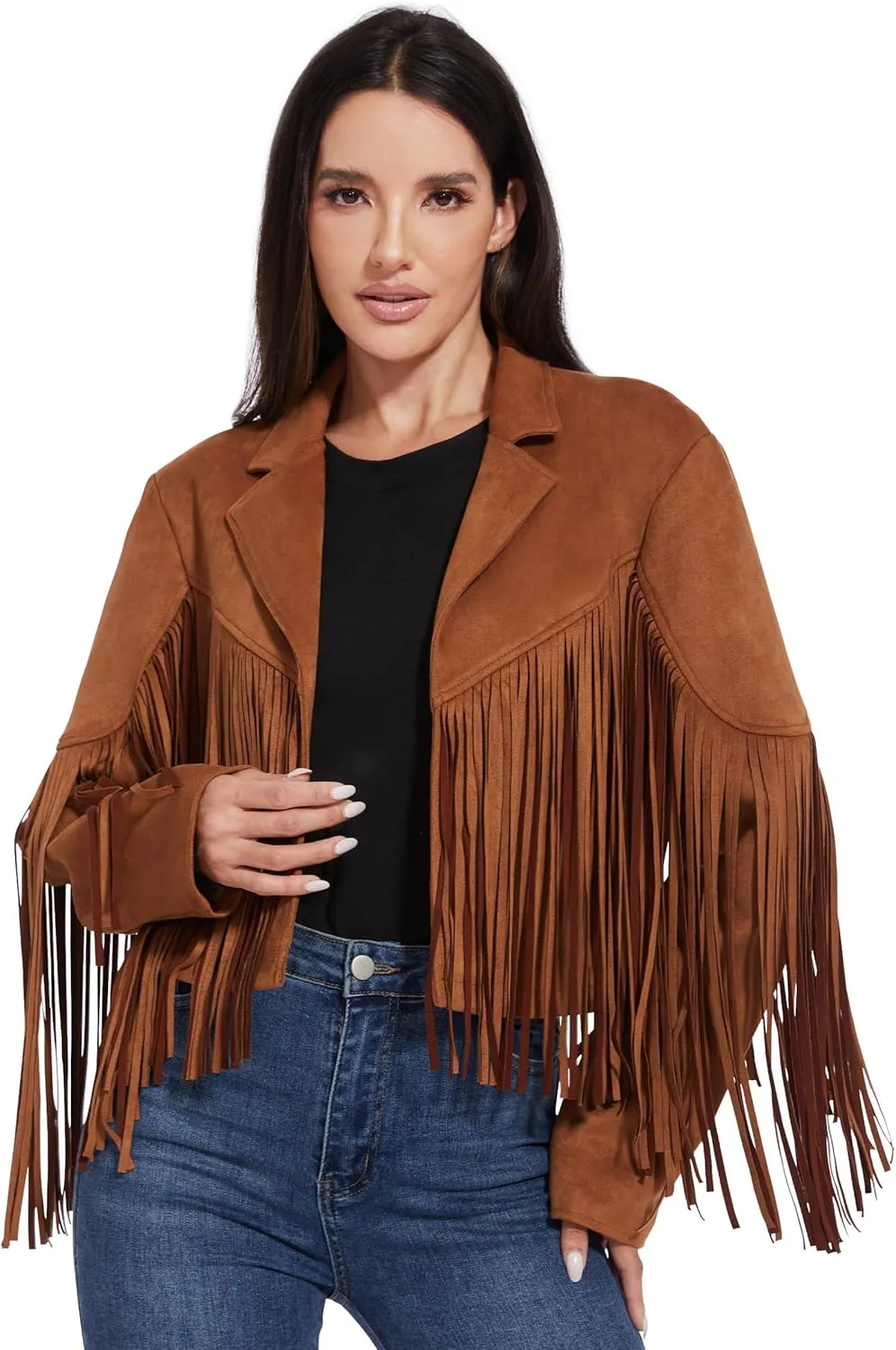 Fahsyee Women's Fringe Leather Jackets - Suede Faux Motocycle Biker Cropped Coat Vegan Blazer Pleather Fashion Tassel S-XXL