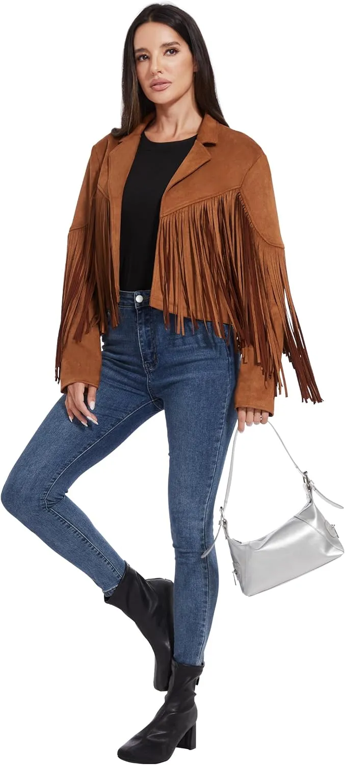 Fahsyee Women's Fringe Leather Jackets - Suede Faux Motocycle Biker Cropped Coat Vegan Blazer Pleather Fashion Tassel S-XXL