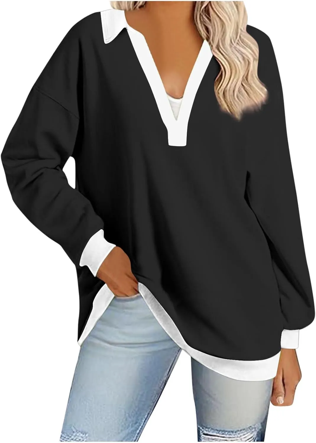 Fall Sweatshirts For Women Casual Long Sleeve Collared v Neck Sweatshirt Shirts Loose Pullover Tops Trendy 2024