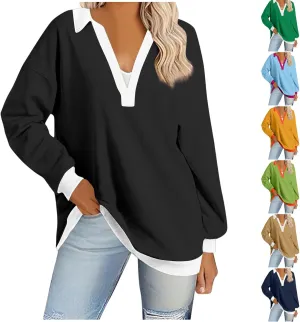 Fall Sweatshirts For Women Casual Long Sleeve Collared v Neck Sweatshirt Shirts Loose Pullover Tops Trendy 2024