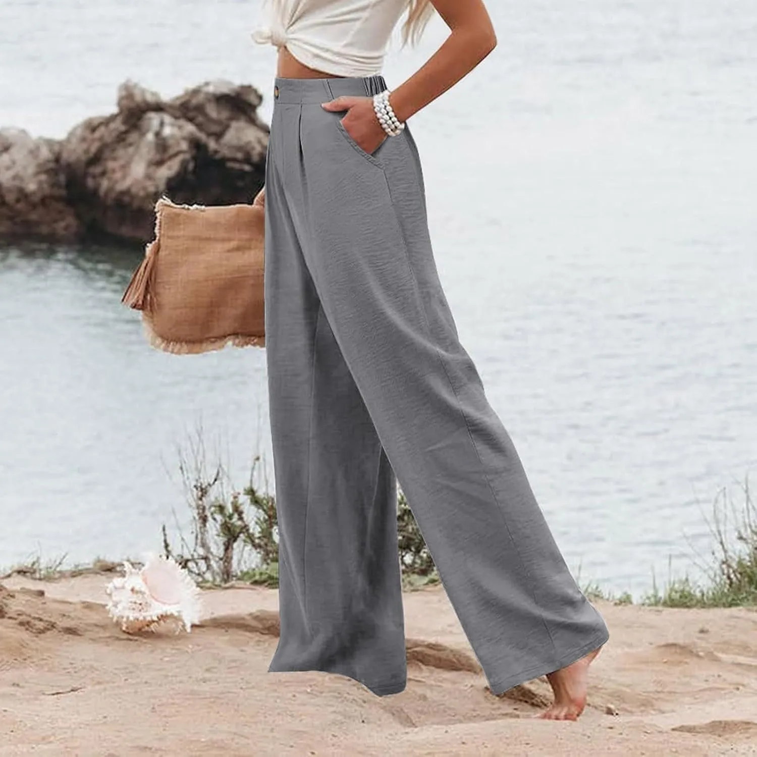 fanmpghleoo Striped Linen Pants Women Dressy Boho Linen Palazzo Pants Casual Business High Waisted Linen Trousers Pants 2025