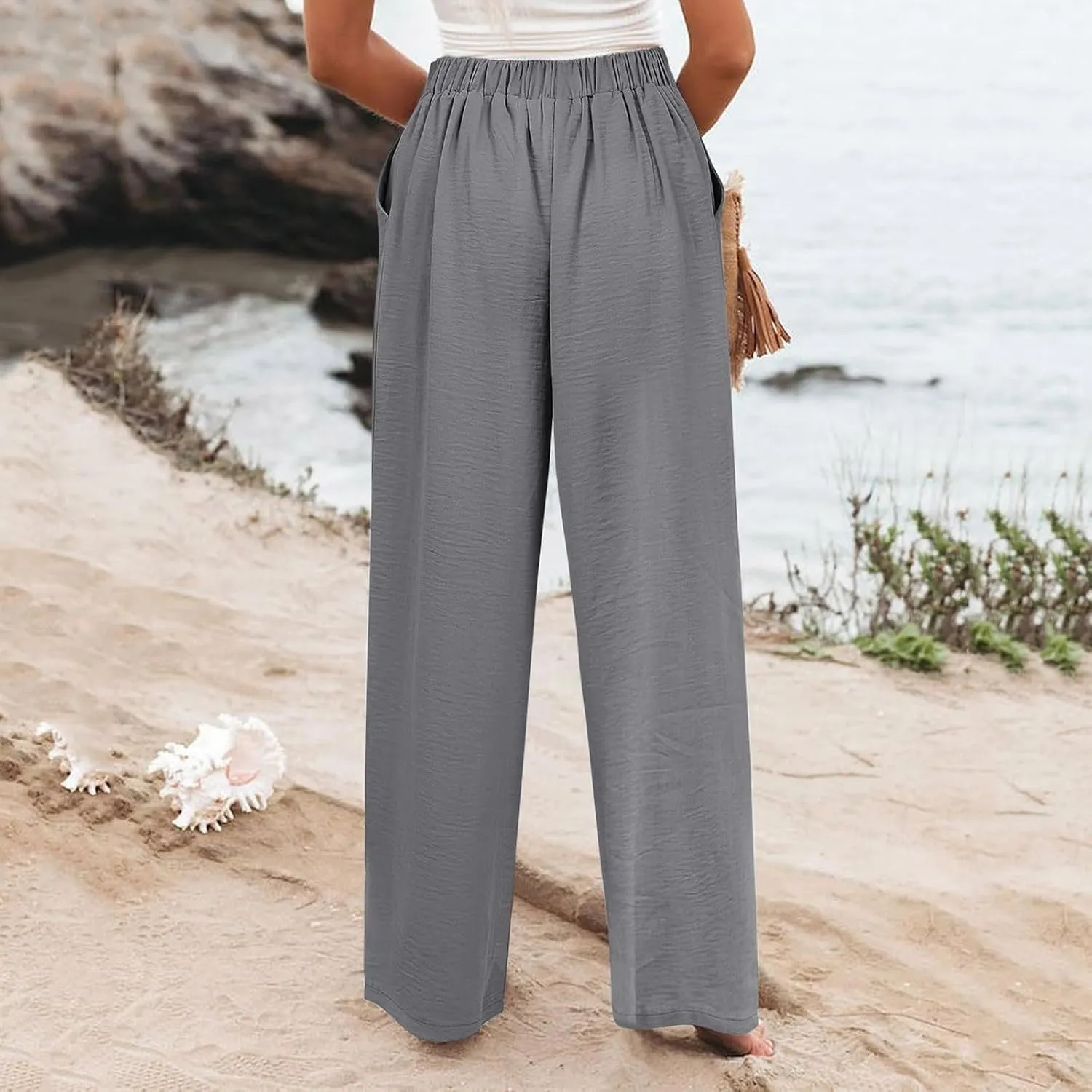 fanmpghleoo Striped Linen Pants Women Dressy Boho Linen Palazzo Pants Casual Business High Waisted Linen Trousers Pants 2025