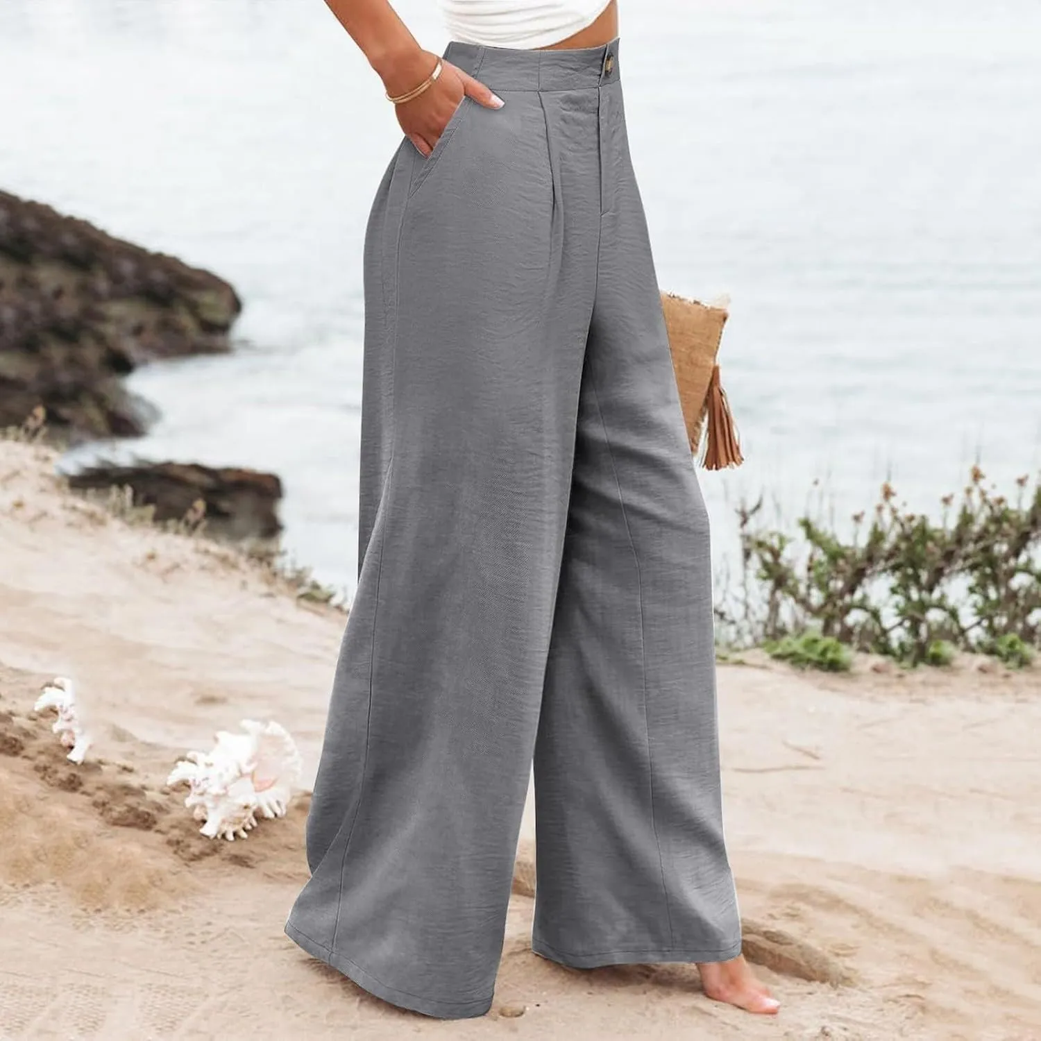 fanmpghleoo Striped Linen Pants Women Dressy Boho Linen Palazzo Pants Casual Business High Waisted Linen Trousers Pants 2025