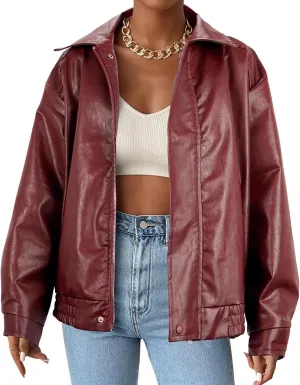 Faux Leather Jacket Women Brown Pleather Bomber Jacket Oversized Leather Blazer Motorcycle Jacket Biker Jacket Winter Coat Wine Red XL