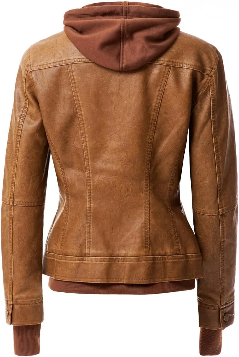 Faux Leather Jacket Women Casual Stand Collar Detachable Hood PU Leather Jacket