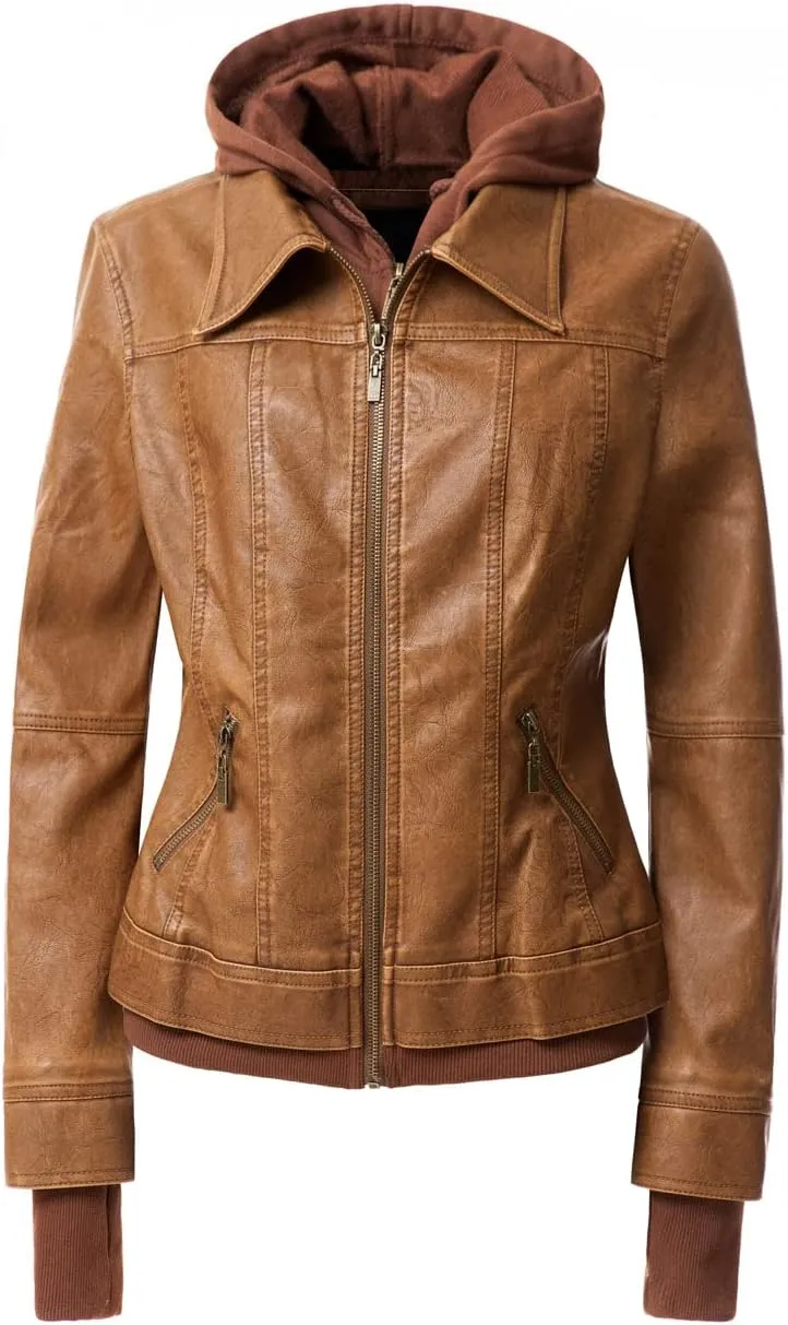 Faux Leather Jacket Women Casual Stand Collar Detachable Hood PU Leather Jacket